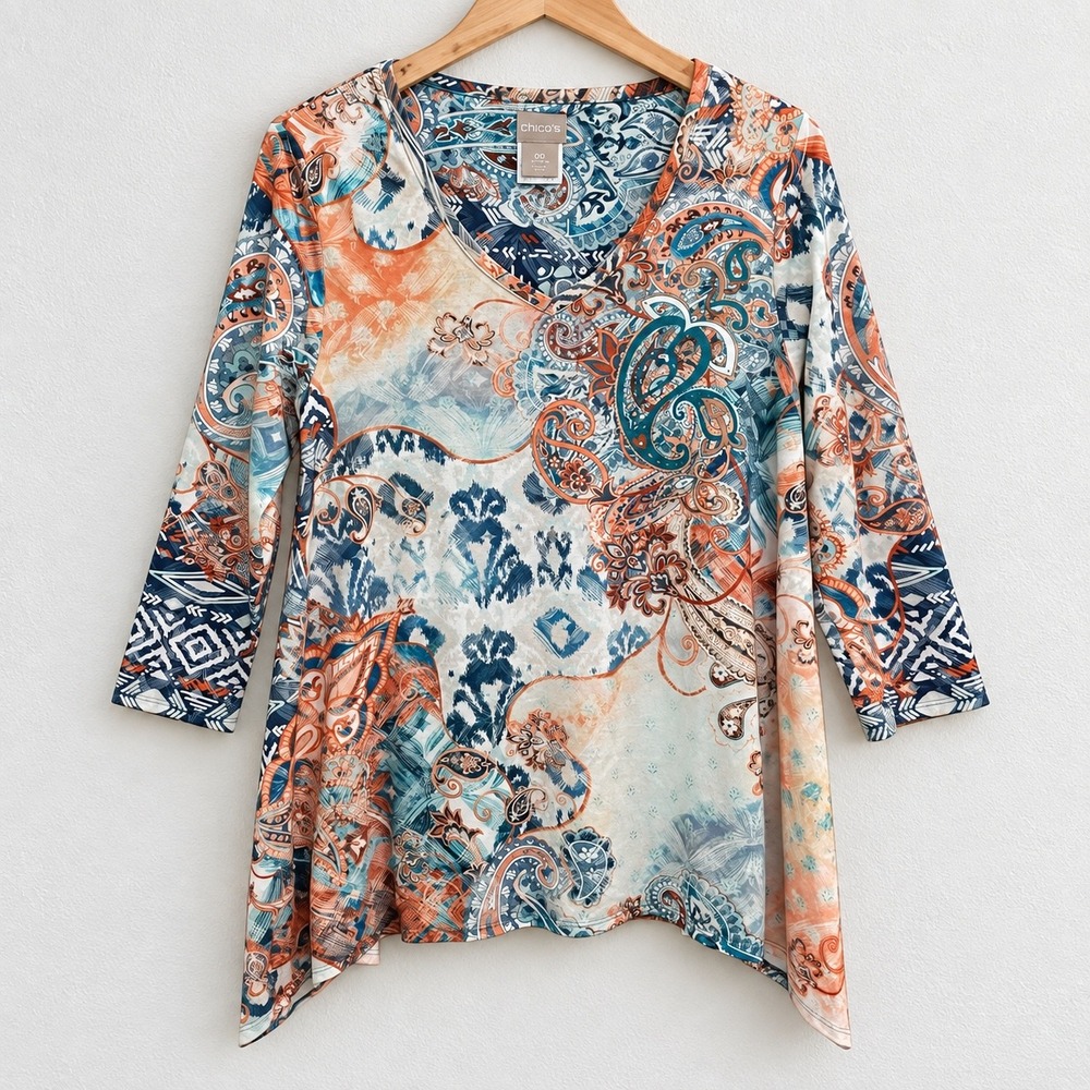Chicos Paisley Ikat Sharkbite Tunic Top Blue Orange V-Neck 3/4 Sleeve Size 00 XS